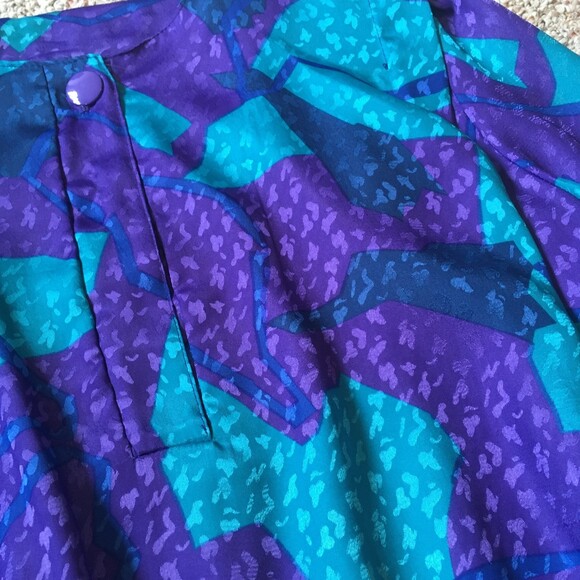 Lady Page Susan Page Vintage 80s Blouson Blouse Top Purple Teal Elastic Waist - Picture 2 of 11